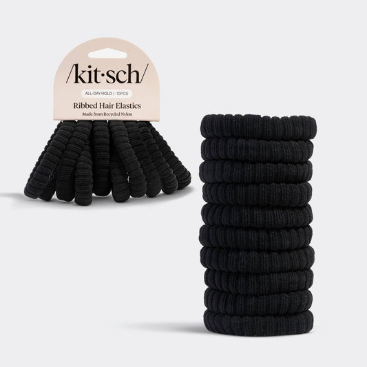 Recycled Fabric Ribbed Hair Elastics 10pc Set - Black