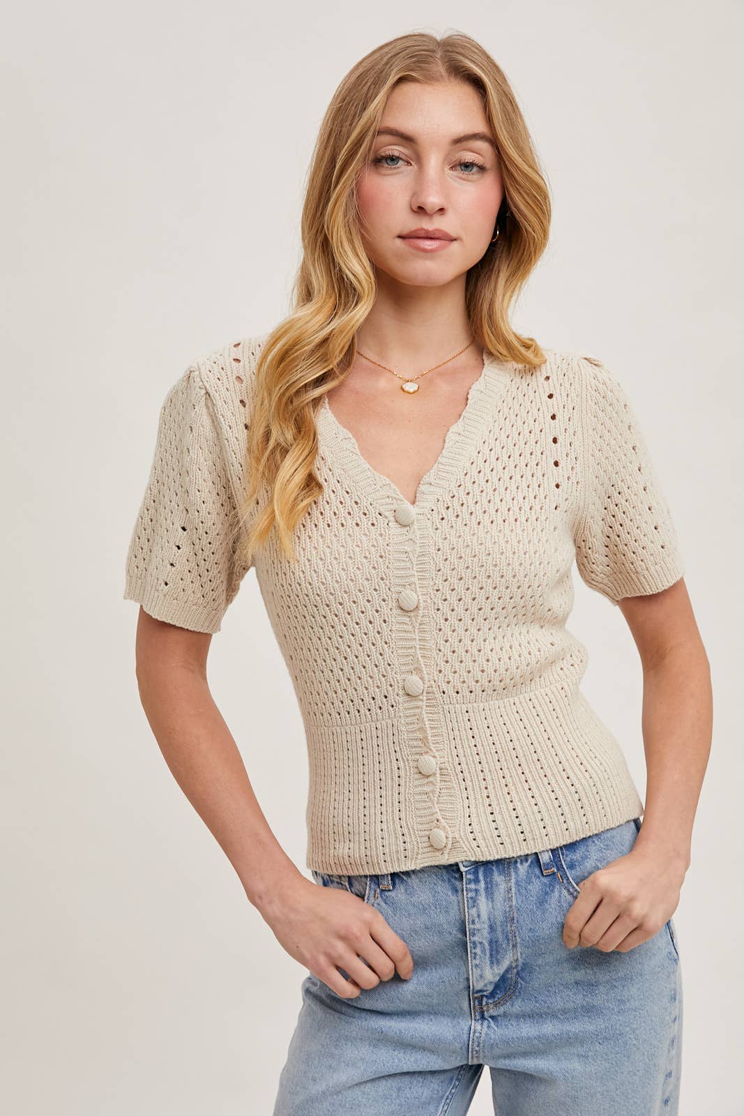 BUTTON DOWN SHORT SLEEVE KNIT CARDIGAN