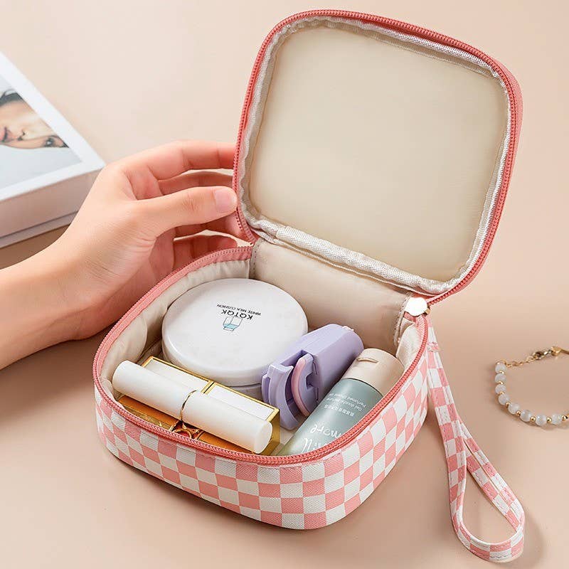 TRAVEL CHECKER MAKEUP COSMETIC POUCH BAG | Pink