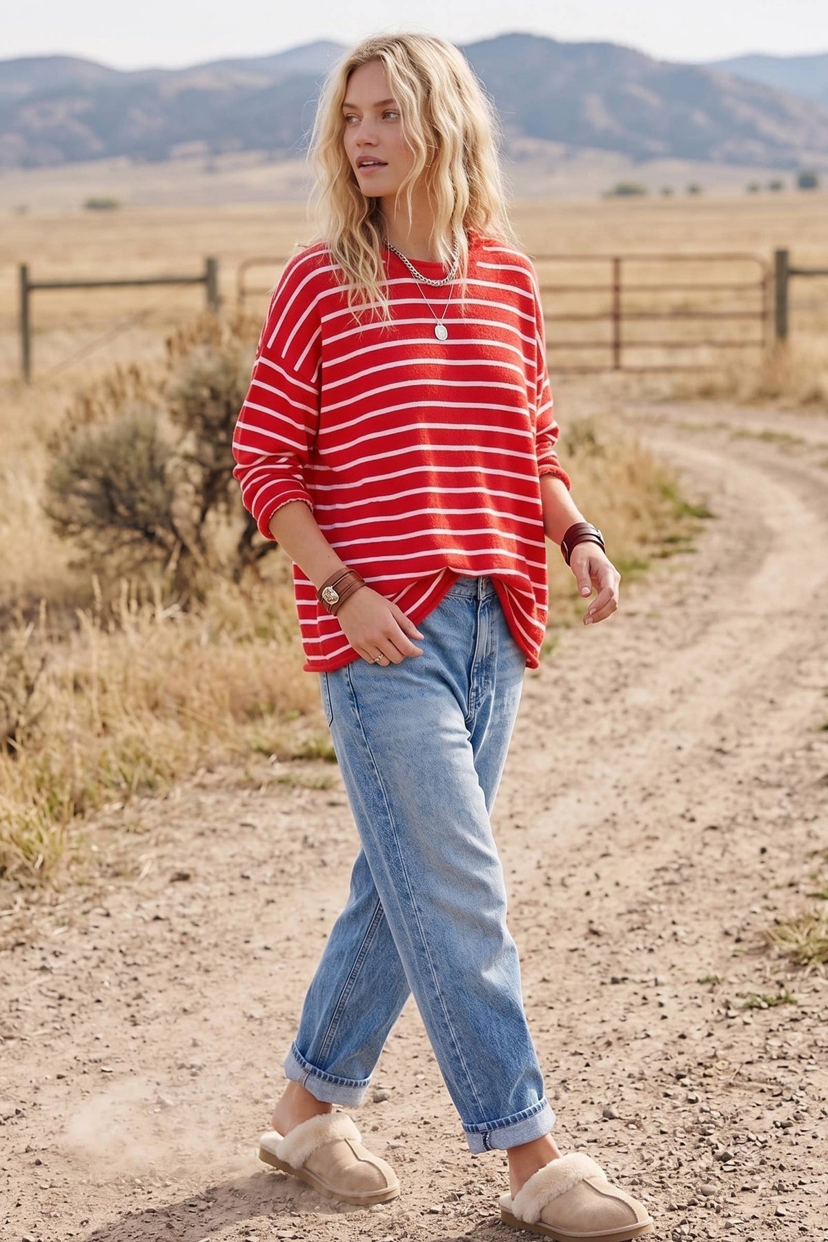 Oversized Lightweight Striped Sweater: HEATHER OATMEAL