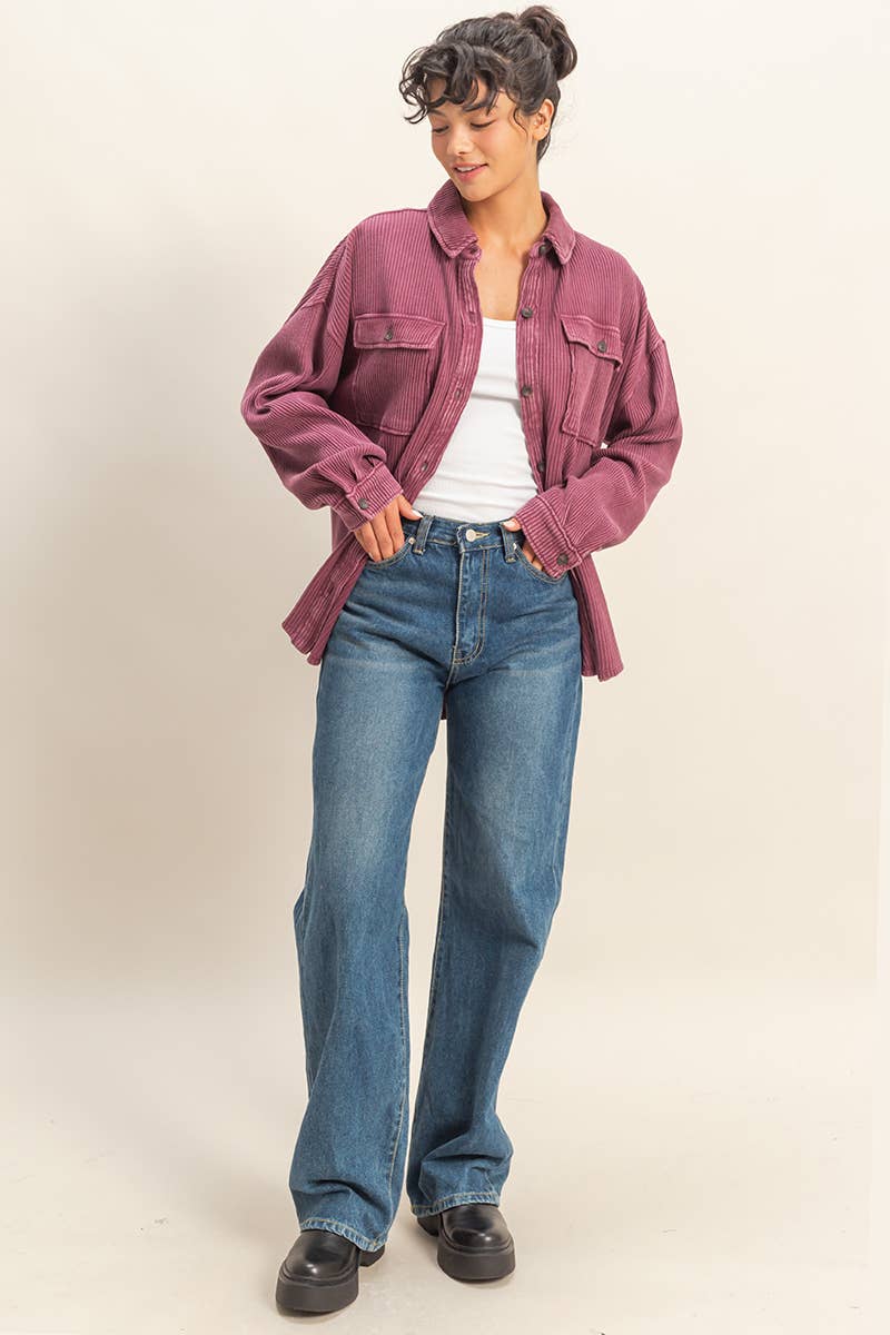 Oversized Mineral Washed Waffle Button Up Shacket: DEEP GREEN / S-M-L(2-2-2)