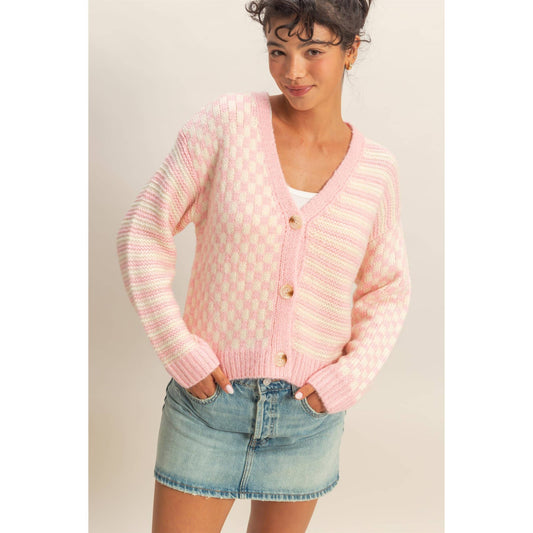 Checker & Stripe Knit Cardigan