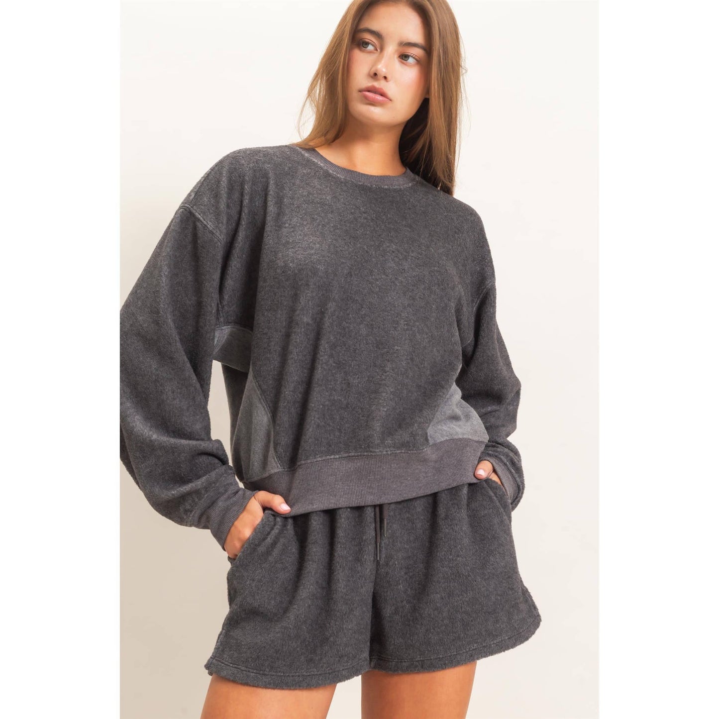 Contrast Sweatshirt & Shorts Set: DARK TEAL / S-M-L(2-2-2)