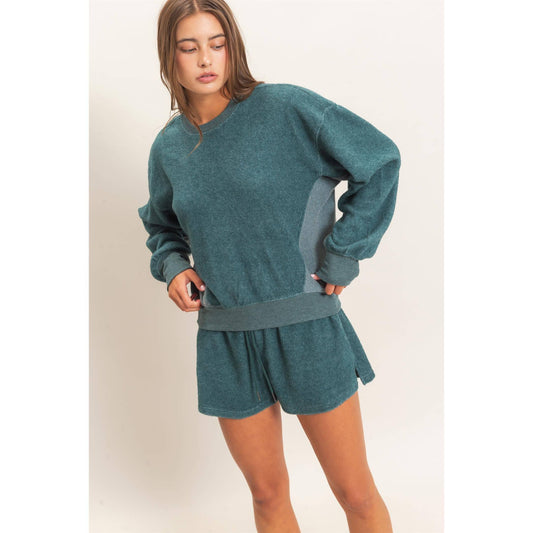 Contrast Sweatshirt & Shorts Set: DARK TEAL / S-M-L(2-2-2)