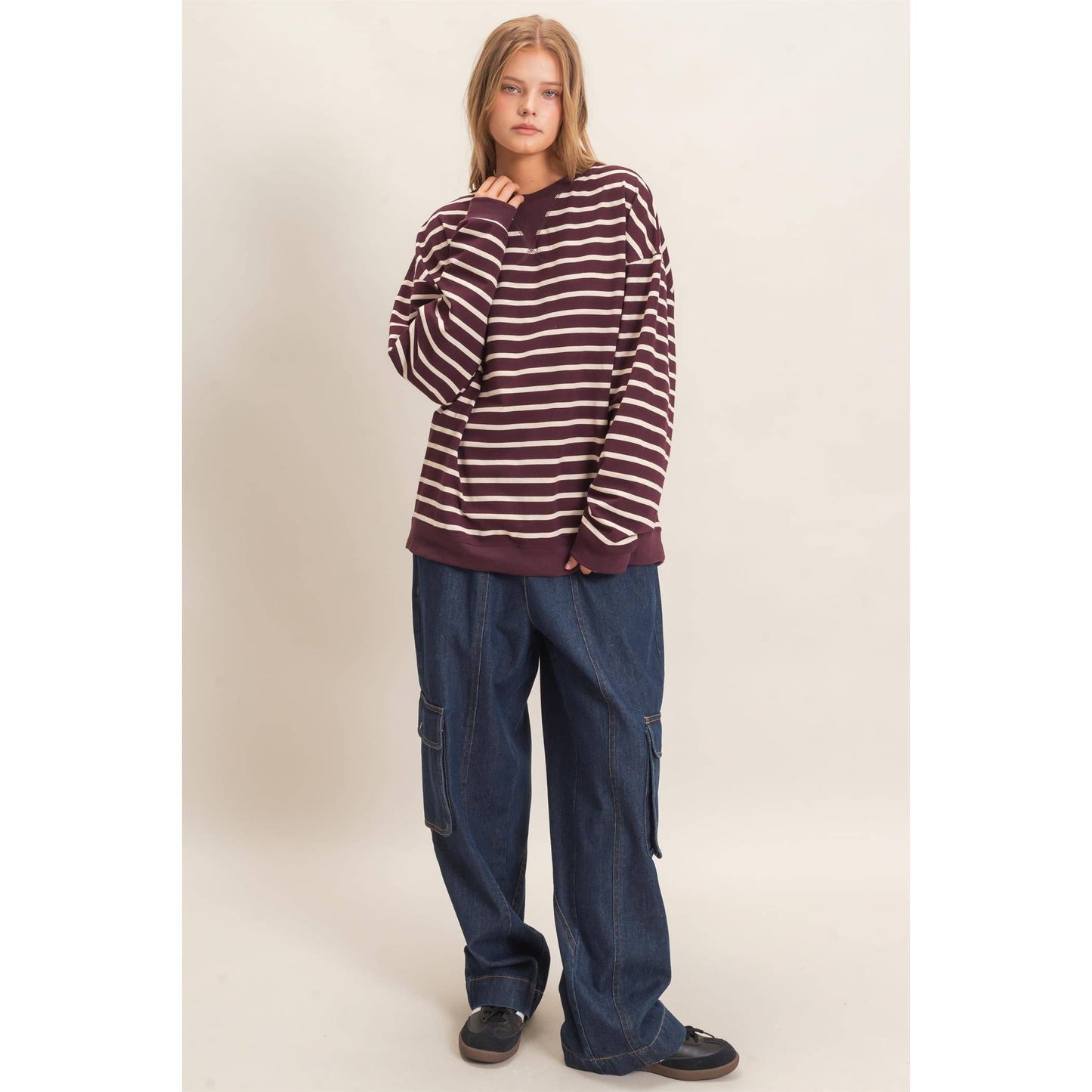 Striped Long Sleeve Pullover: GREEN/CREAM / S-M-L(2-2-2)