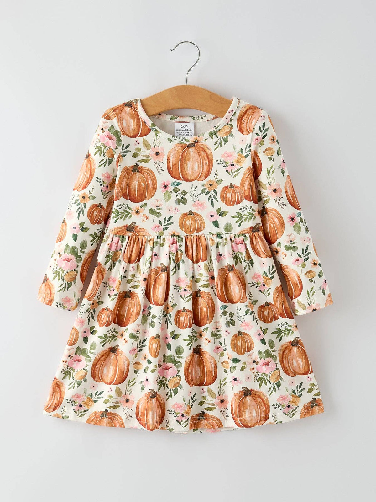 Fall Thanksgiving & Halloween Pumpkin Floral Print Long Sleeve Dress（2pcs）: 1/2Y