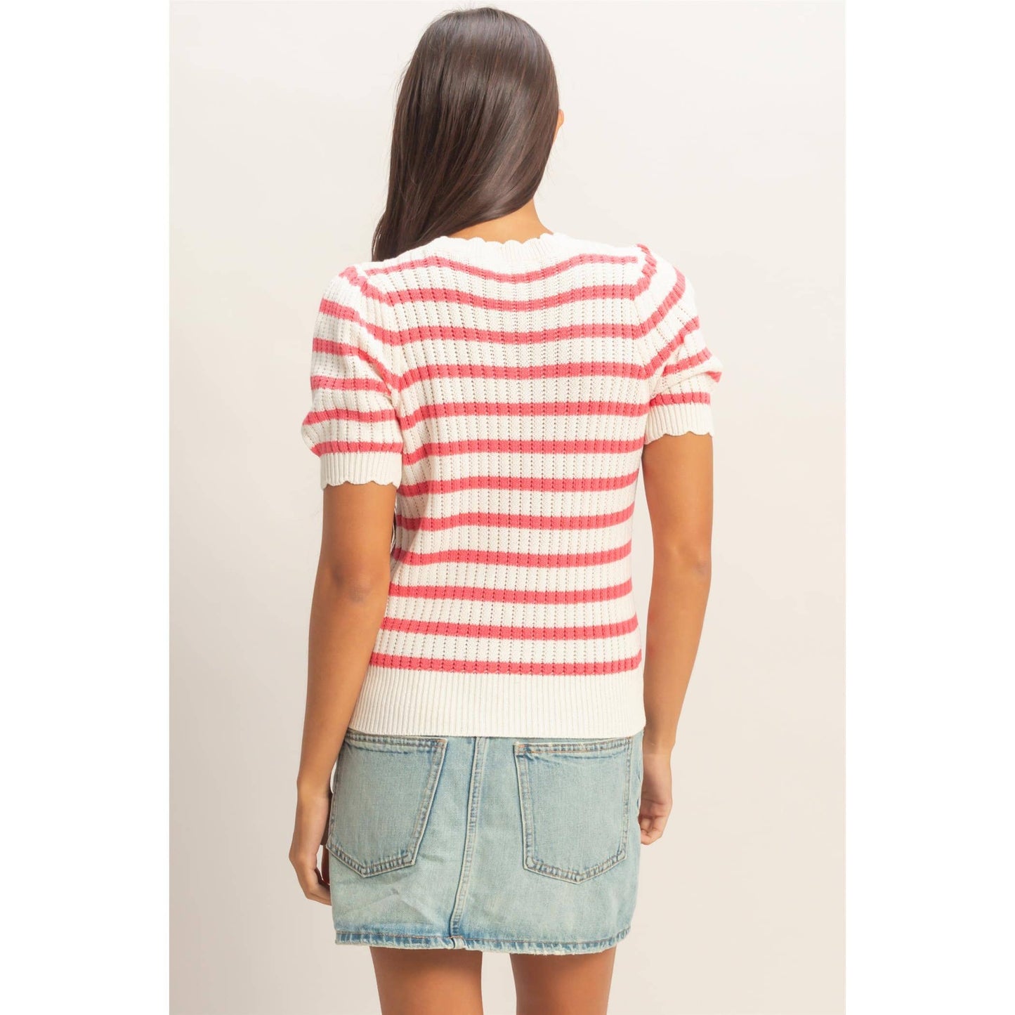 Striped Scallop Edge Puff Sleeve Knit Top: TAUPE / S-M-L(2-2-2)