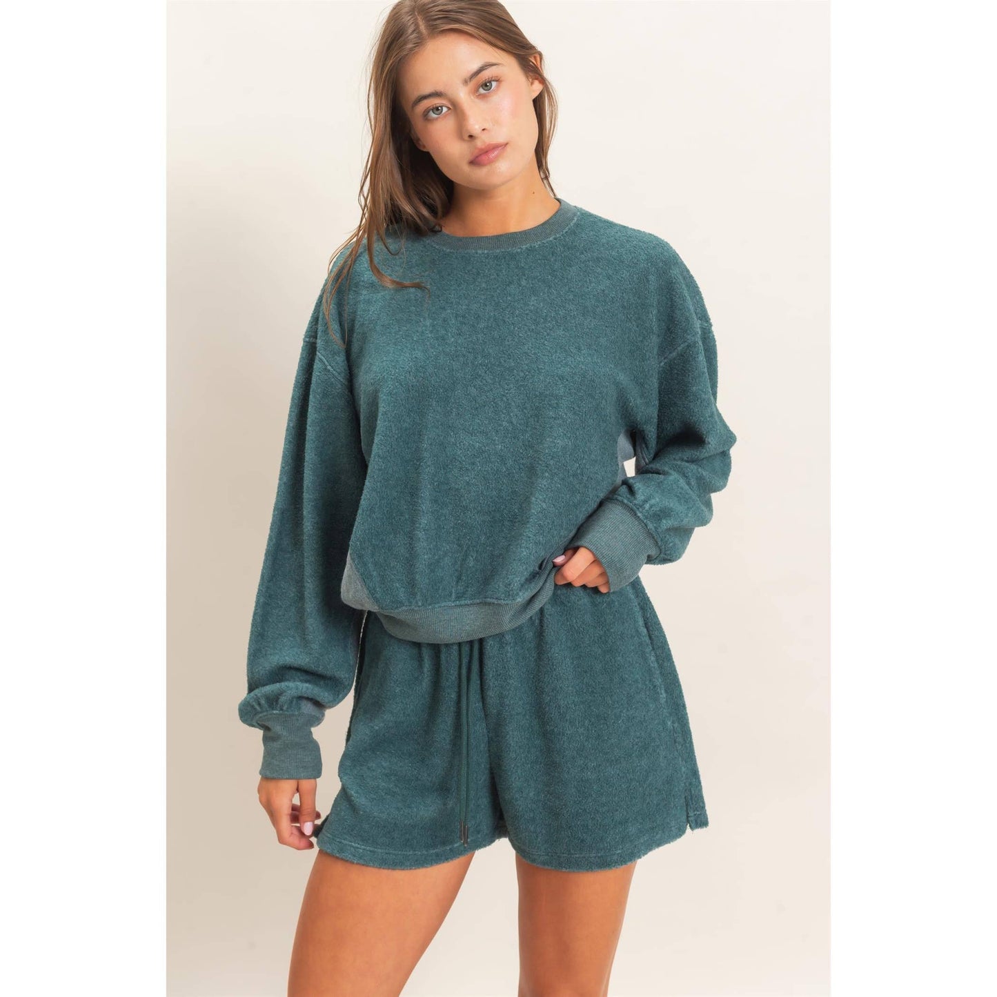 Contrast Sweatshirt & Shorts Set: DARK TEAL / S-M-L(2-2-2)