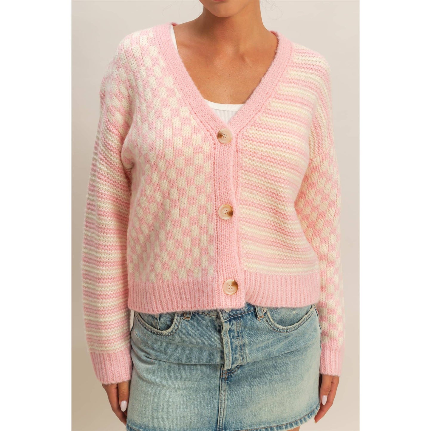 Checker & Stripe Knit Cardigan