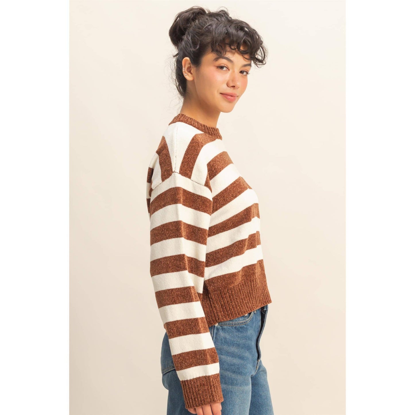 Striped Sweater With Ribbed Edge: DEEP GREEN/WHIP CREAM / S-M-L(2-2-2)