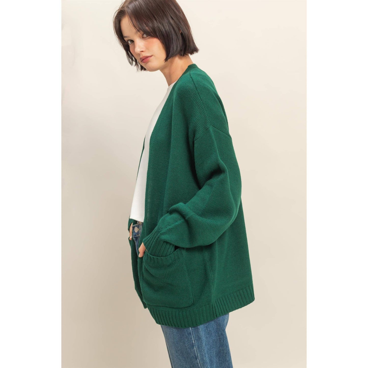 Oversized Open-Front Cardigan Sweater With Pockets: RED / S-M-L(2-2-2)