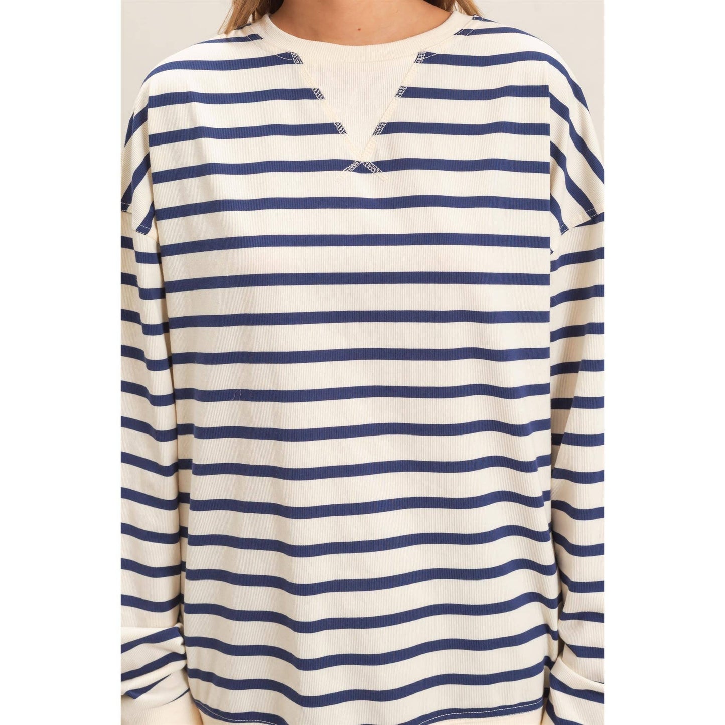 Striped Long Sleeve Pullover: GREEN/CREAM / S-M-L(2-2-2)