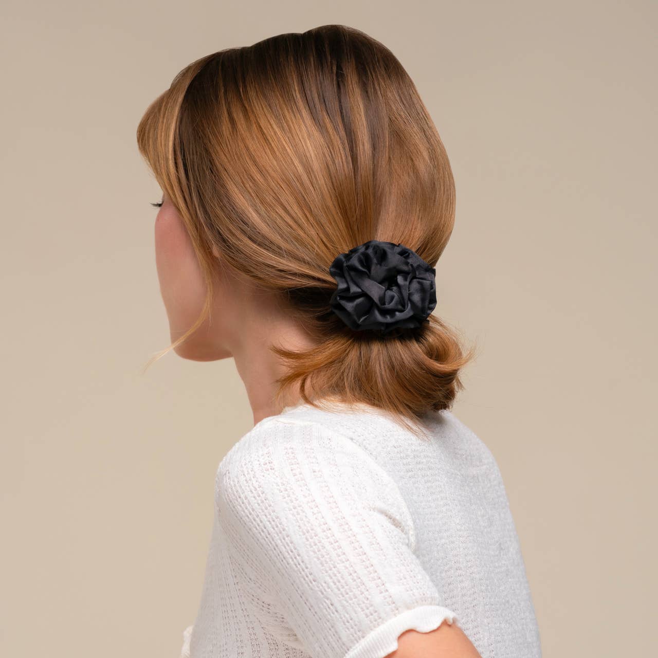 Rosette Ruched Satin Scrunchies 3pc Set - Black