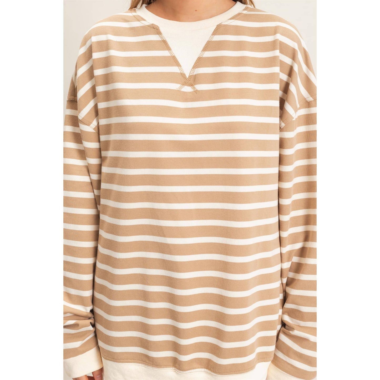 Striped Long Sleeve Pullover: GREEN/CREAM / S-M-L(2-2-2)