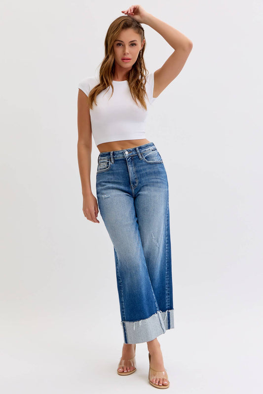 HR Crop Wide Leg W/ Cuff Jeans