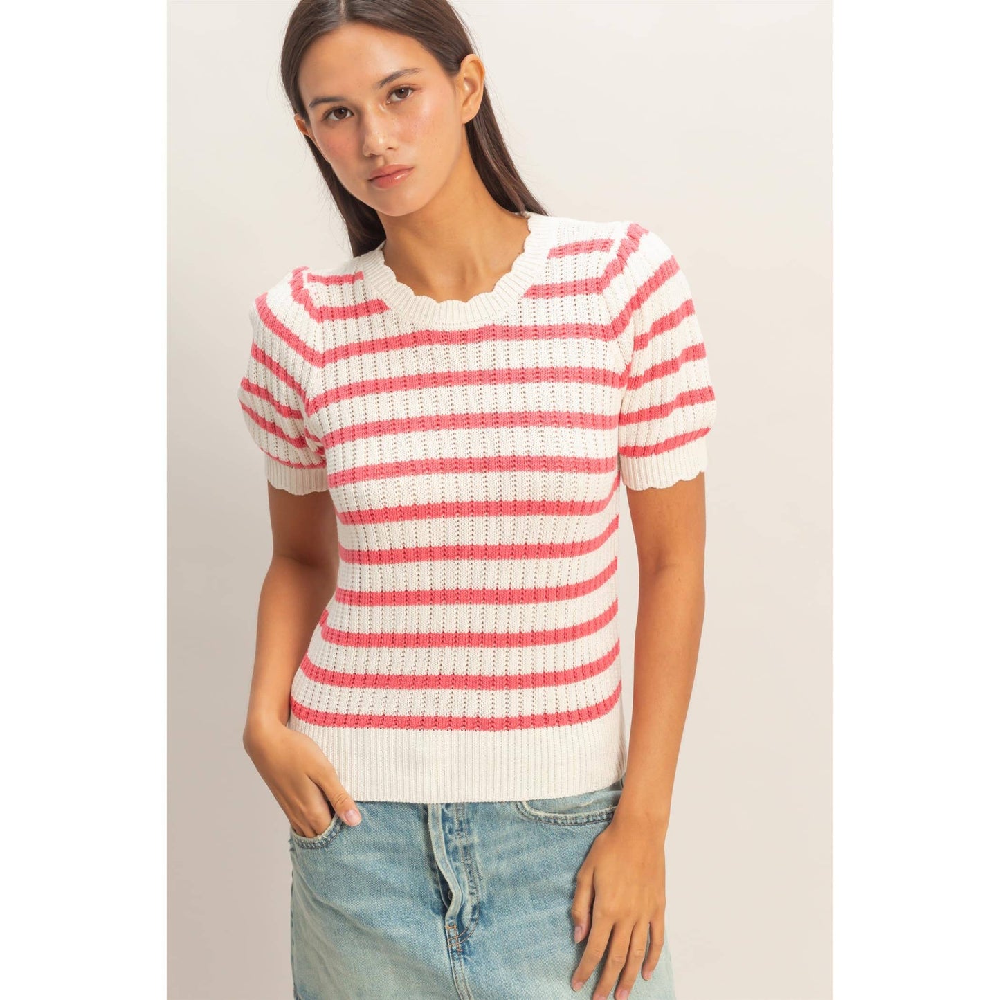 Striped Scallop Edge Puff Sleeve Knit Top: TAUPE / S-M-L(2-2-2)