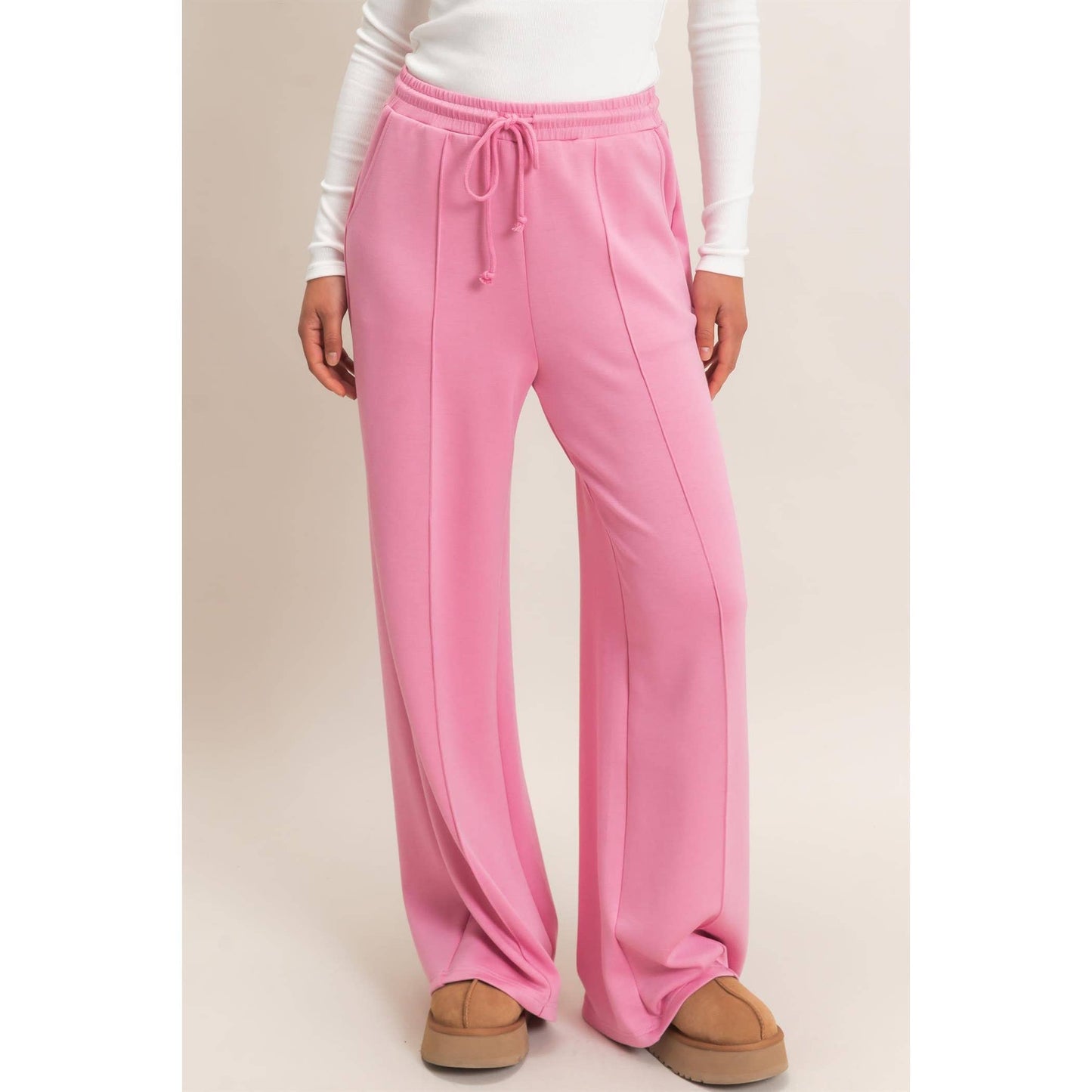 Drawstring Waist Pintuck Wide Leg Pants: DARK RED / S-M-L(2-2-2)