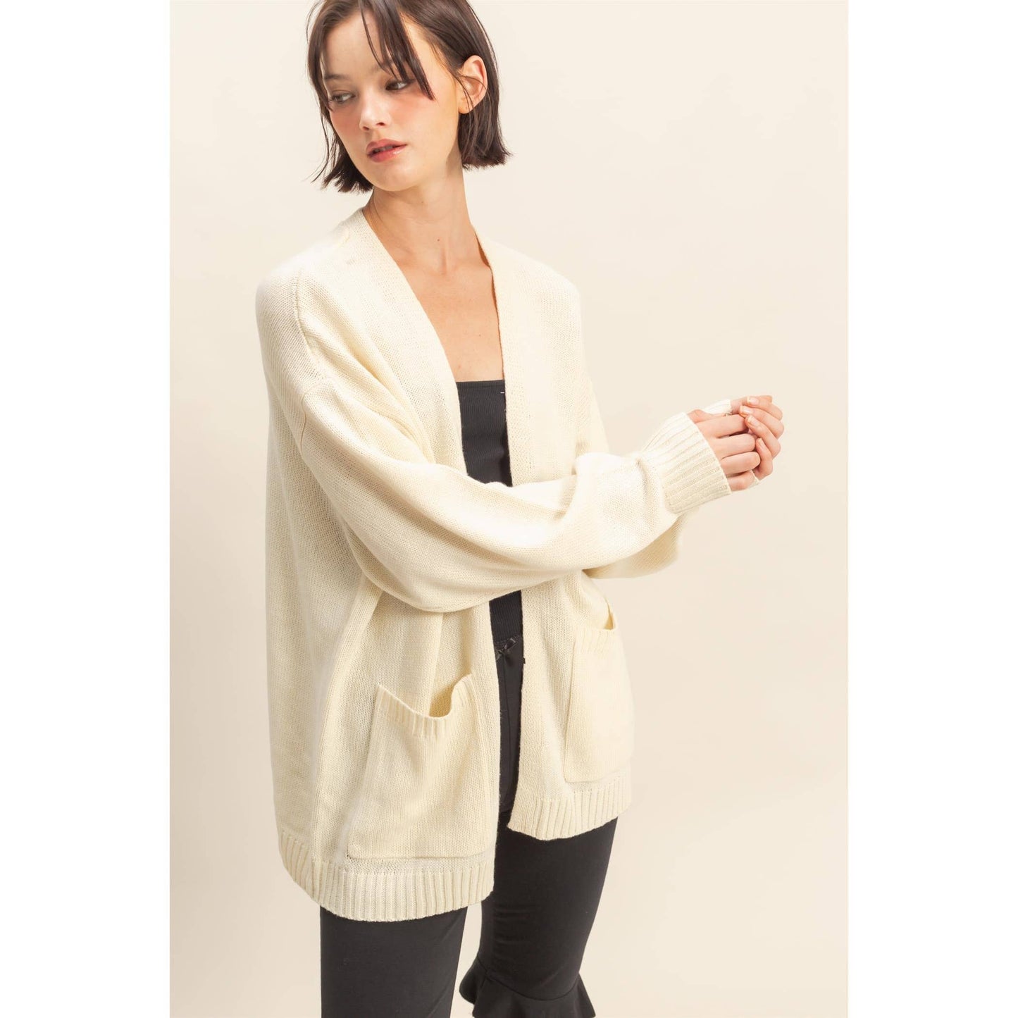 Oversized Open-Front Cardigan Sweater With Pockets: RED / S-M-L(2-2-2)