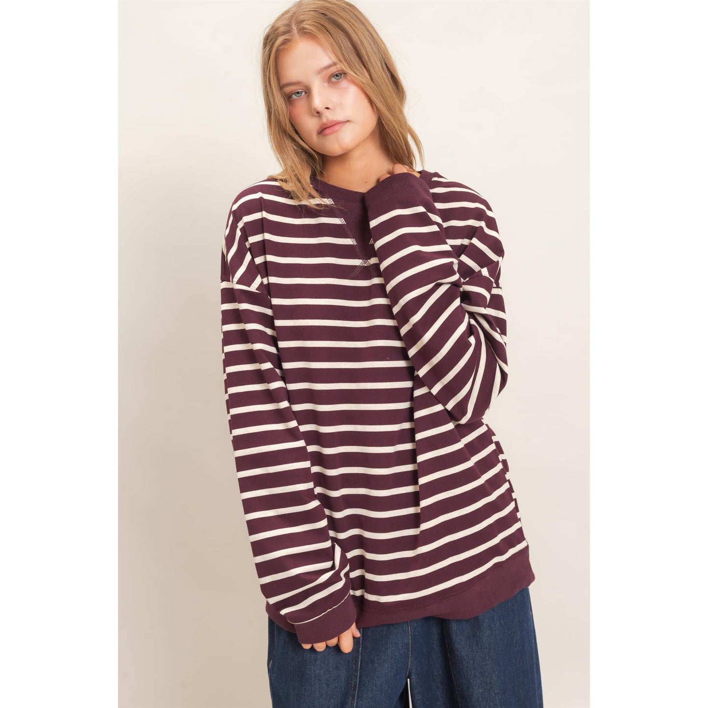 Striped Long Sleeve Pullover: GREEN/CREAM / S-M-L(2-2-2)