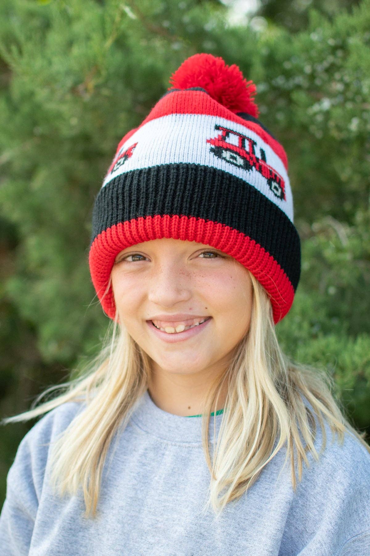 Red Tractor Knit Pom Beanie - Youth