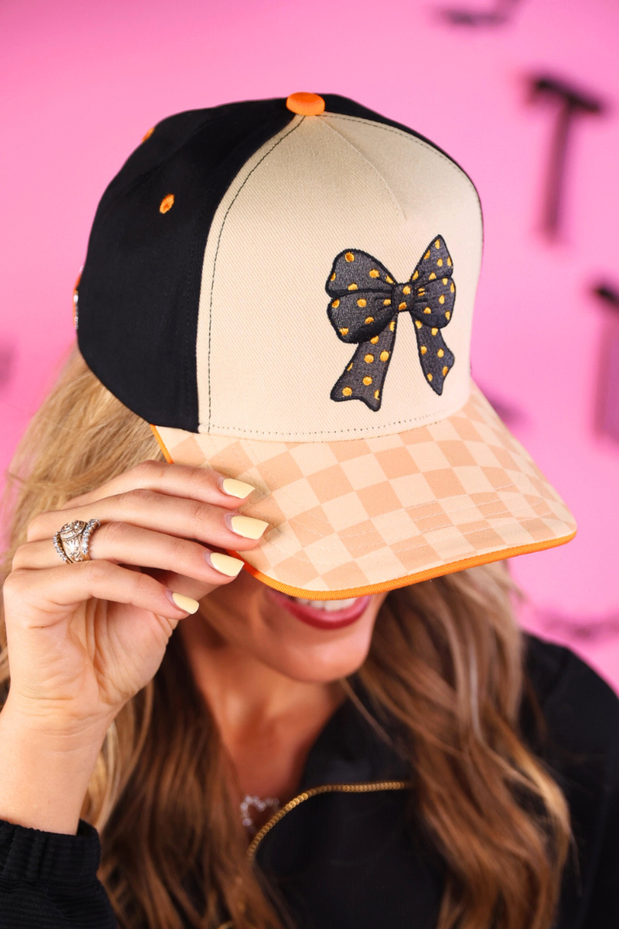 Spooky Sweet Checkered Bow Hat: Orange/Black