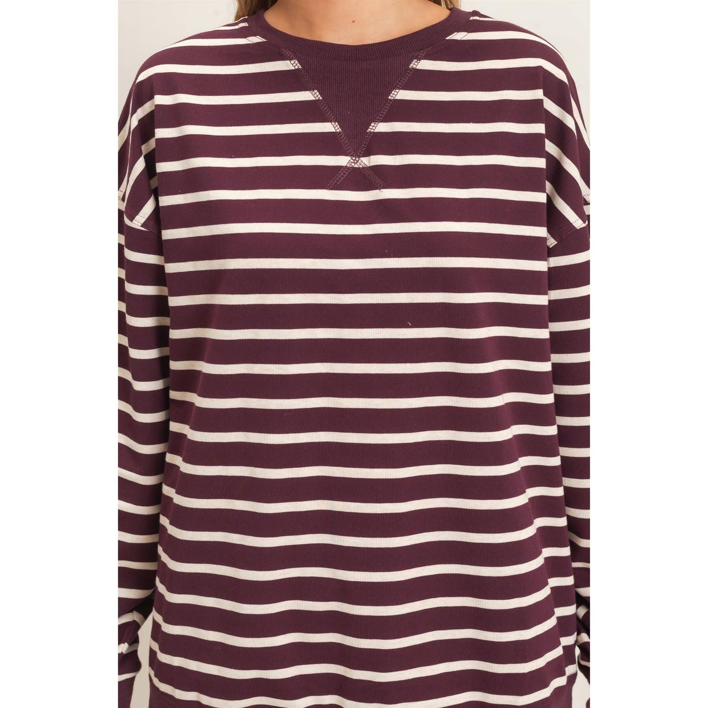 Striped Long Sleeve Pullover: GREEN/CREAM / S-M-L(2-2-2)