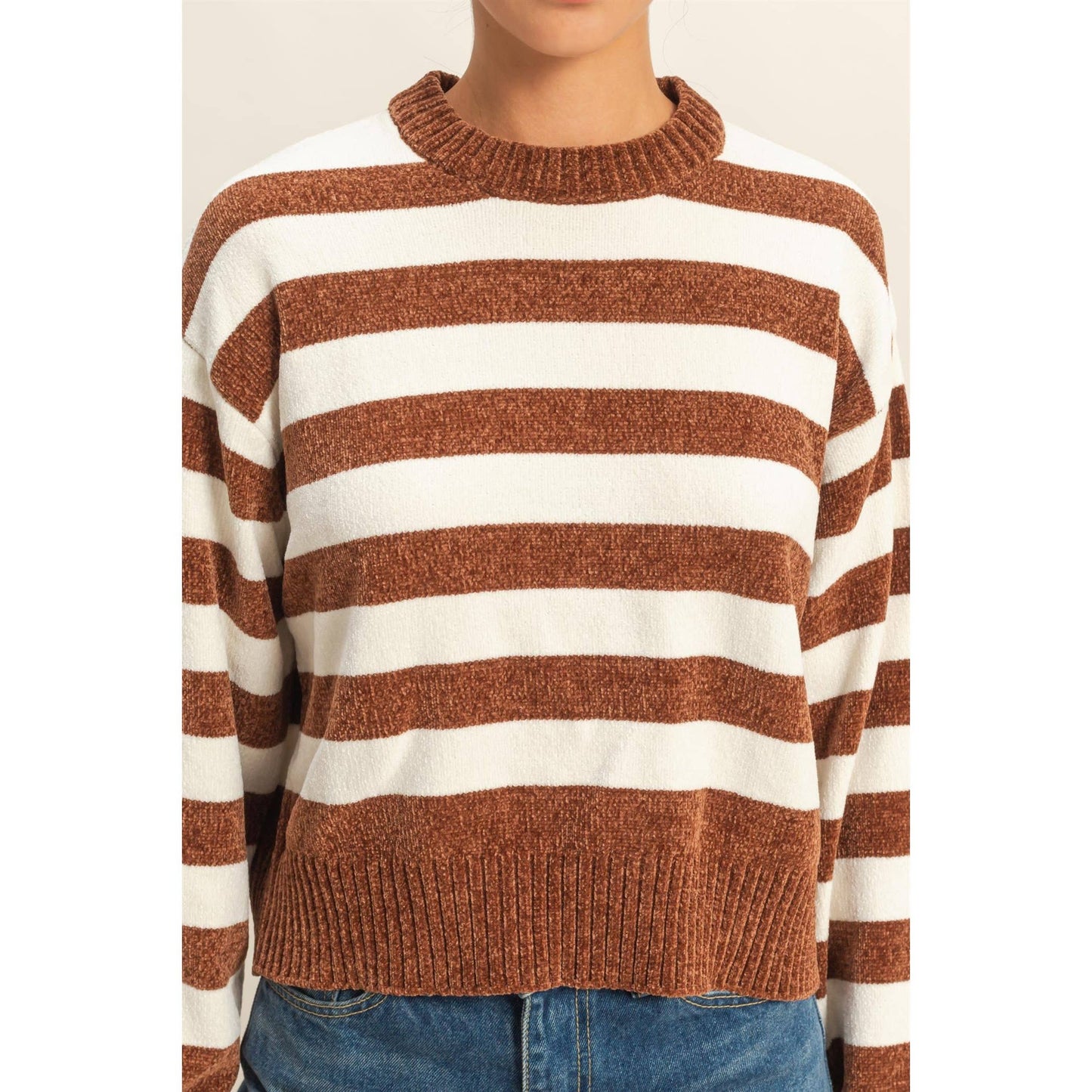 Striped Sweater With Ribbed Edge: DEEP GREEN/WHIP CREAM / S-M-L(2-2-2)