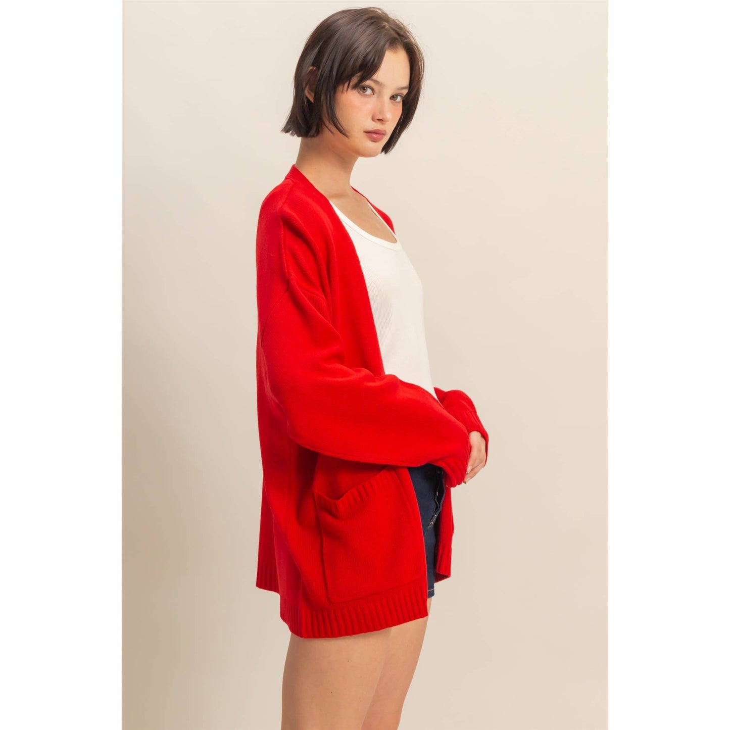 Oversized Open-Front Cardigan Sweater With Pockets: RED / S-M-L(2-2-2)