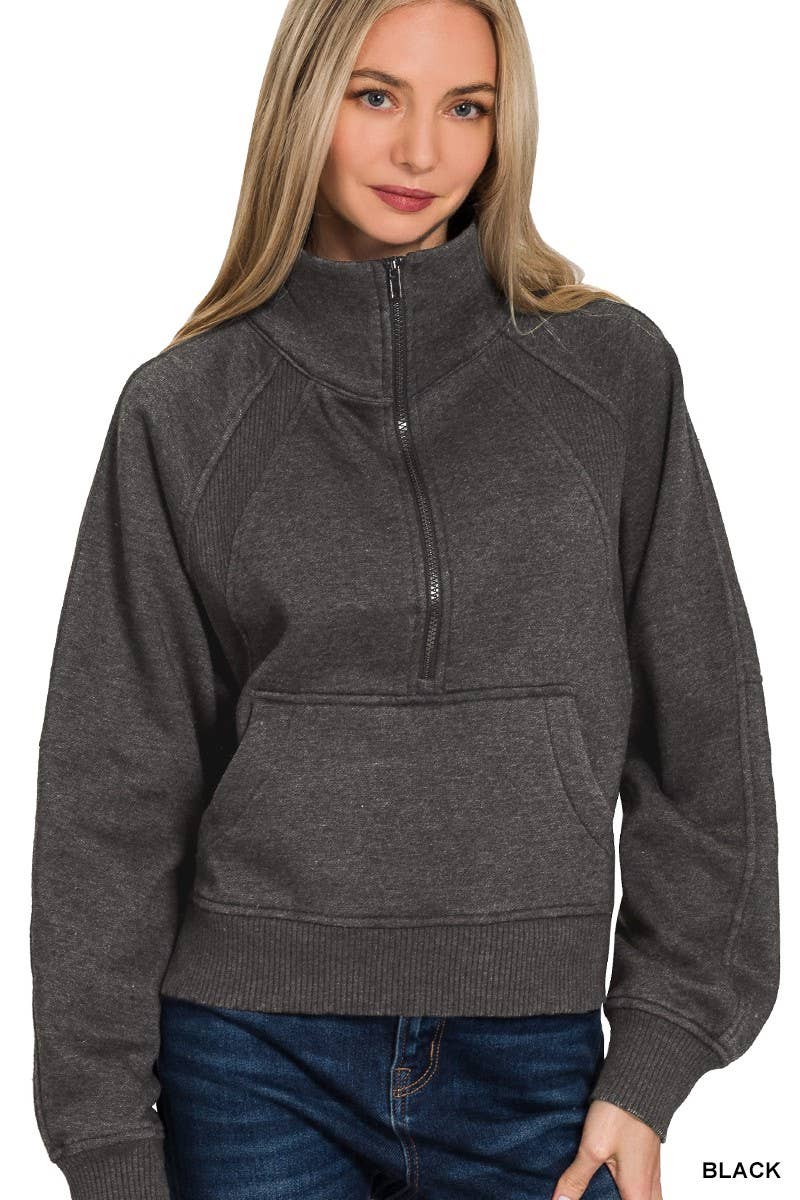 Acid Washed Half Zip Fleece Pullover Kangaroo Pocket: MAUVE / 2-2-2 (S-M-L)