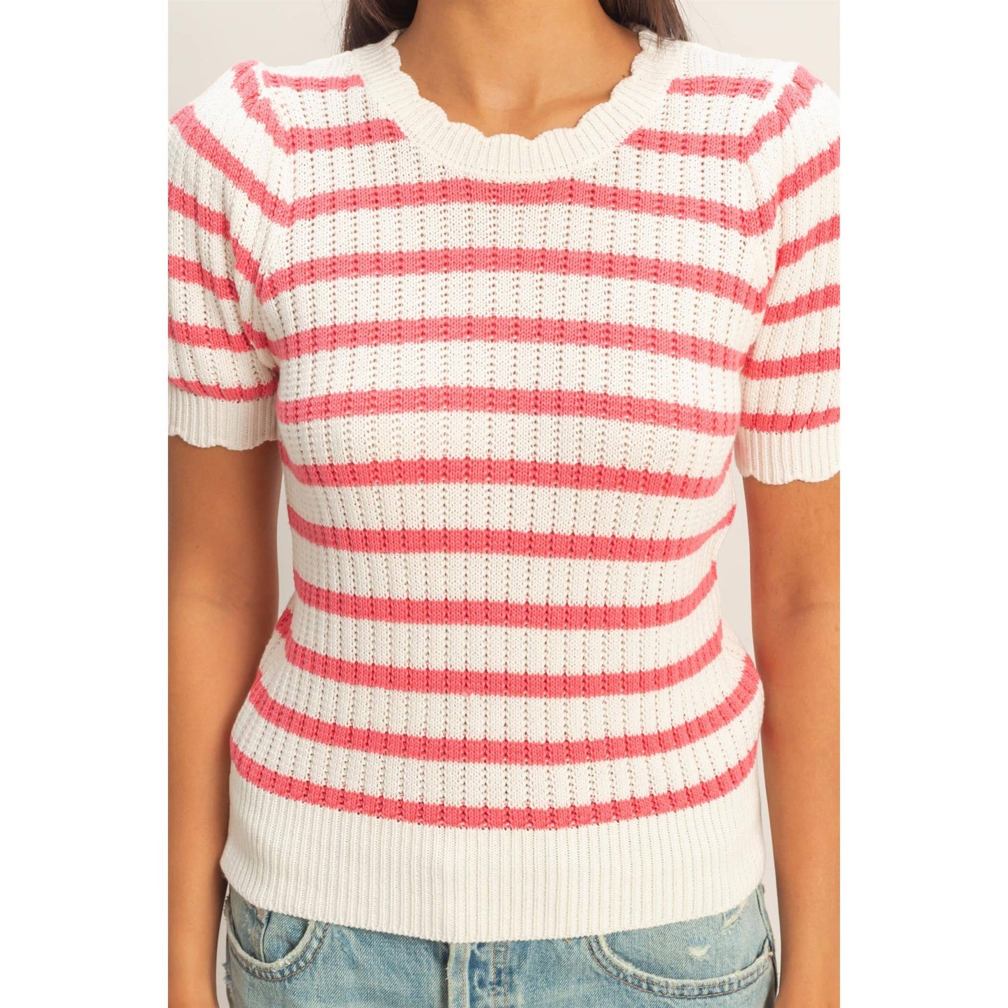 Striped Scallop Edge Puff Sleeve Knit Top: TAUPE / S-M-L(2-2-2)
