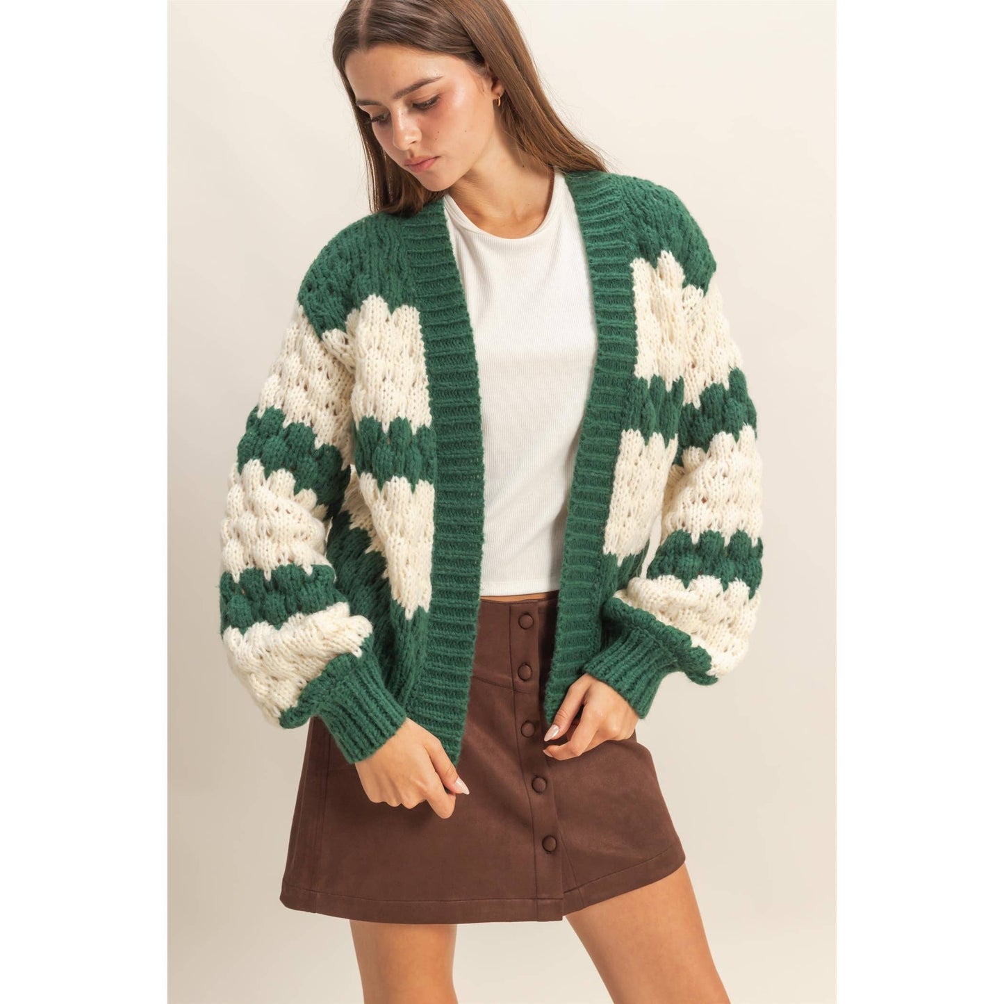Oversized Cloud Pattern Knit Cardigan: D.GREEN / S-M-L(2-2-2)