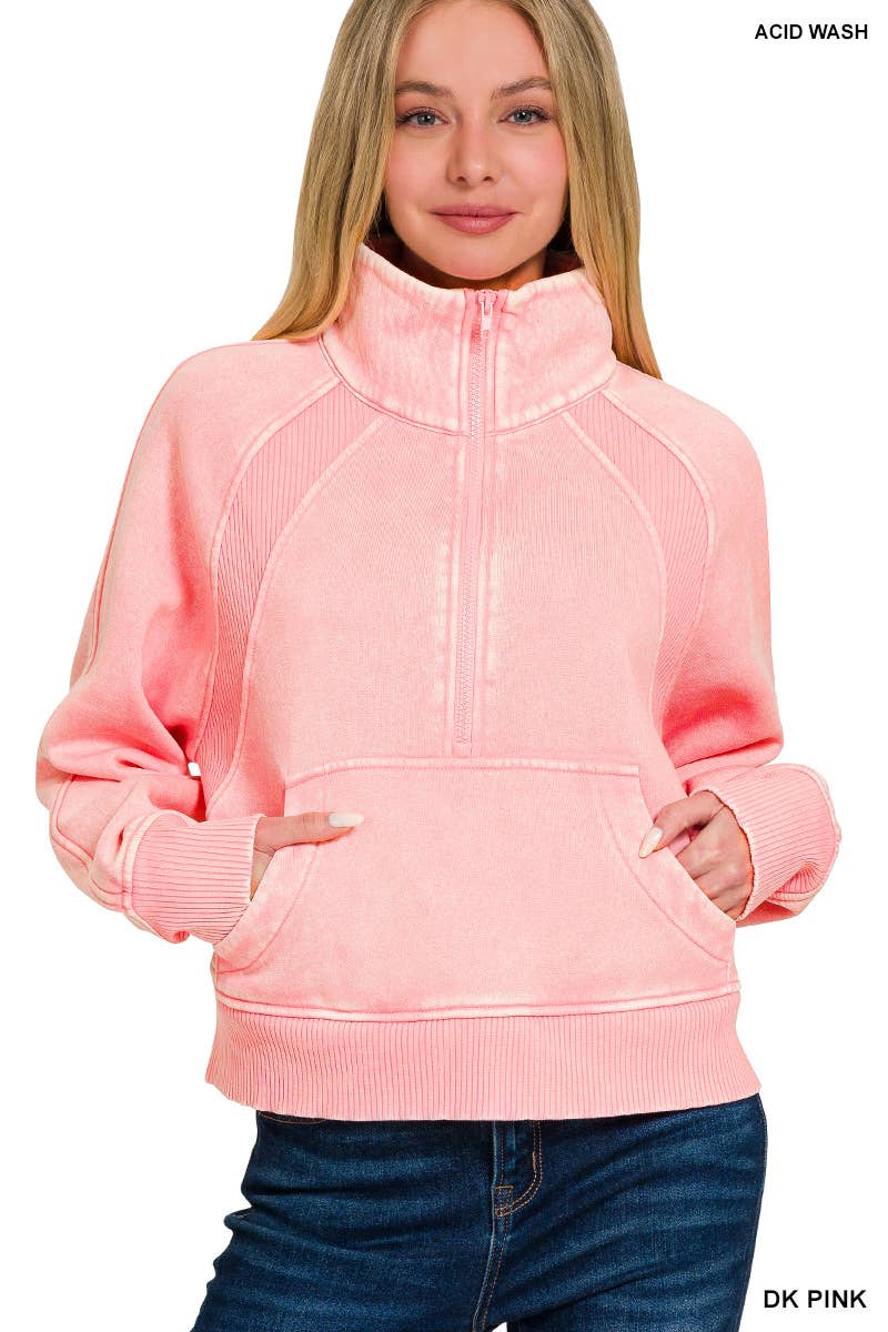 Acid Washed Half Zip Fleece Pullover Kangaroo Pocket: MAUVE / 2-2-2 (S-M-L)