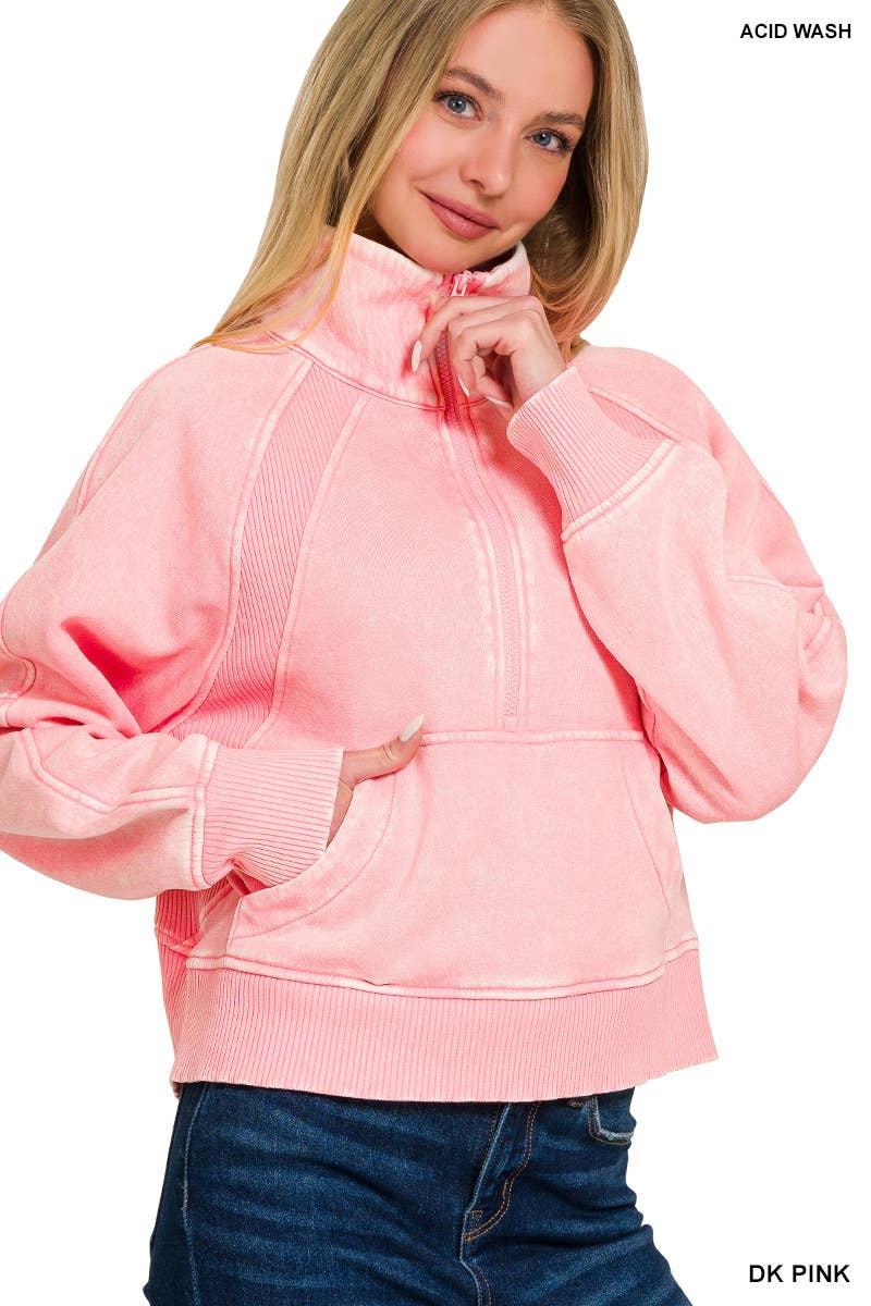 Acid Washed Half Zip Fleece Pullover Kangaroo Pocket: MAUVE / 2-2-2 (S-M-L)