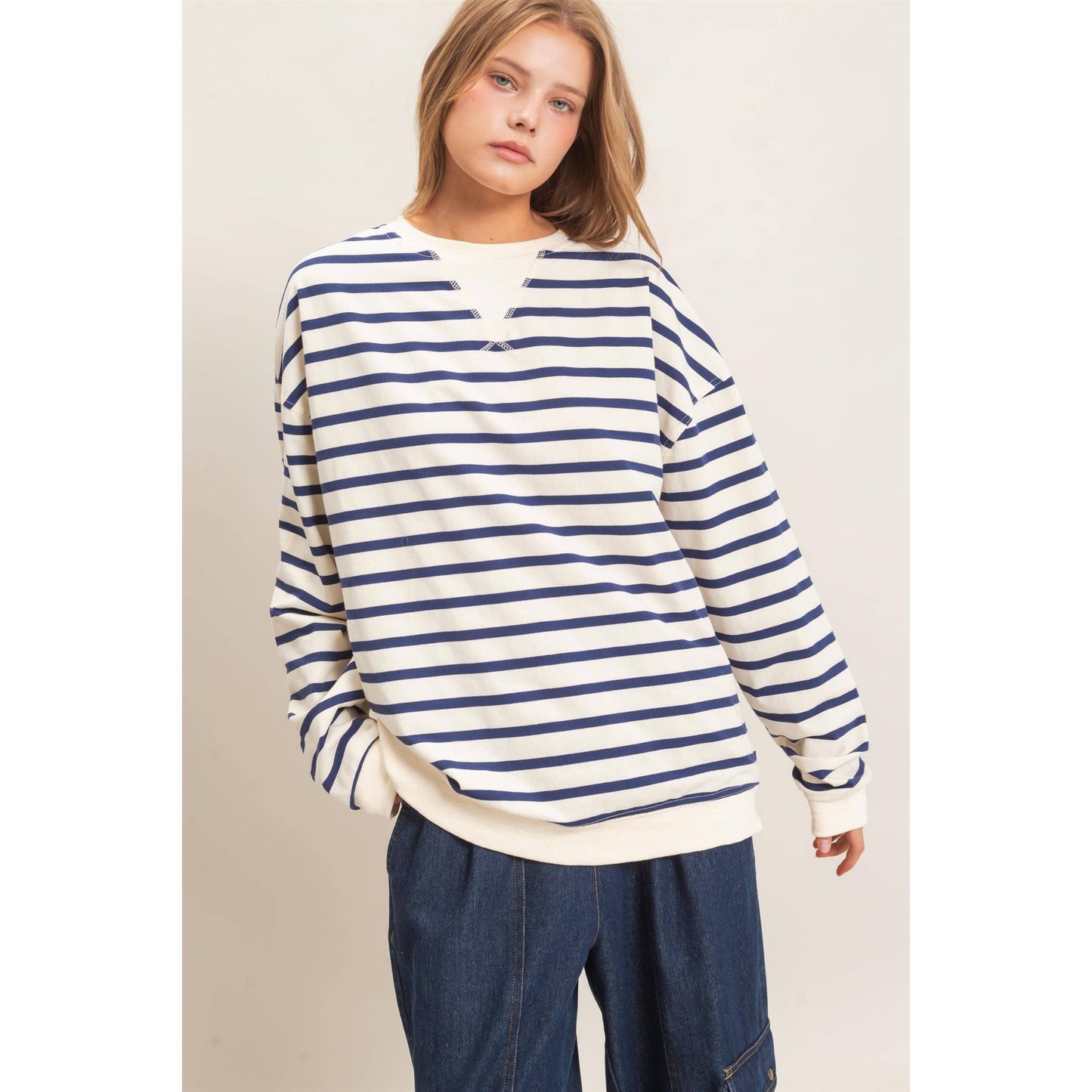 Striped Long Sleeve Pullover: GREEN/CREAM / S-M-L(2-2-2)