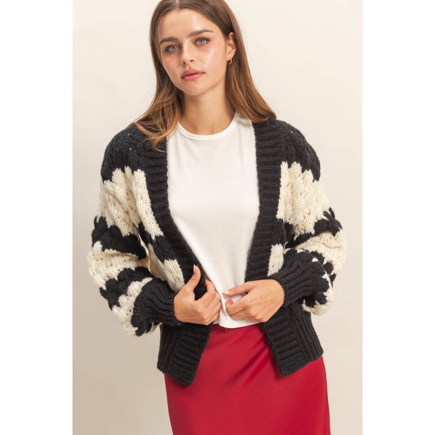 Oversized Cloud Pattern Knit Cardigan: D.GREEN / S-M-L(2-2-2)