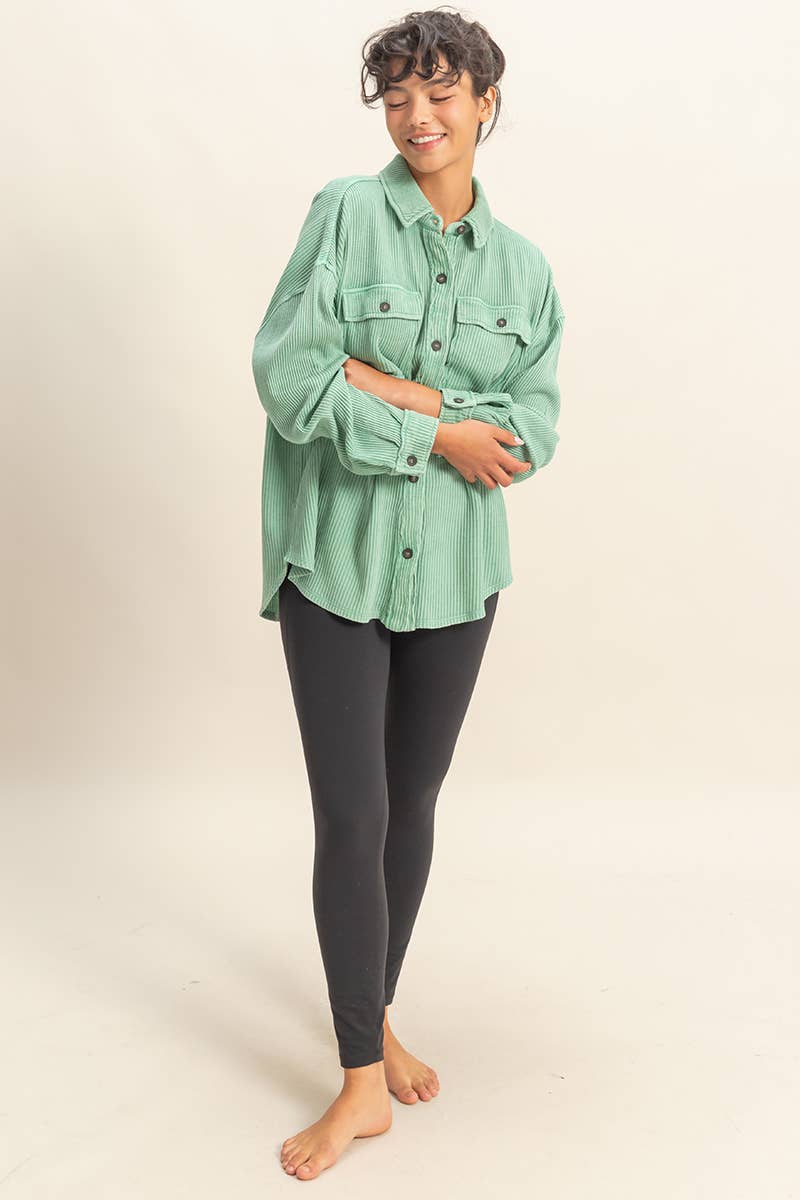 Oversized Mineral Washed Waffle Button Up Shacket: DEEP GREEN / S-M-L(2-2-2)