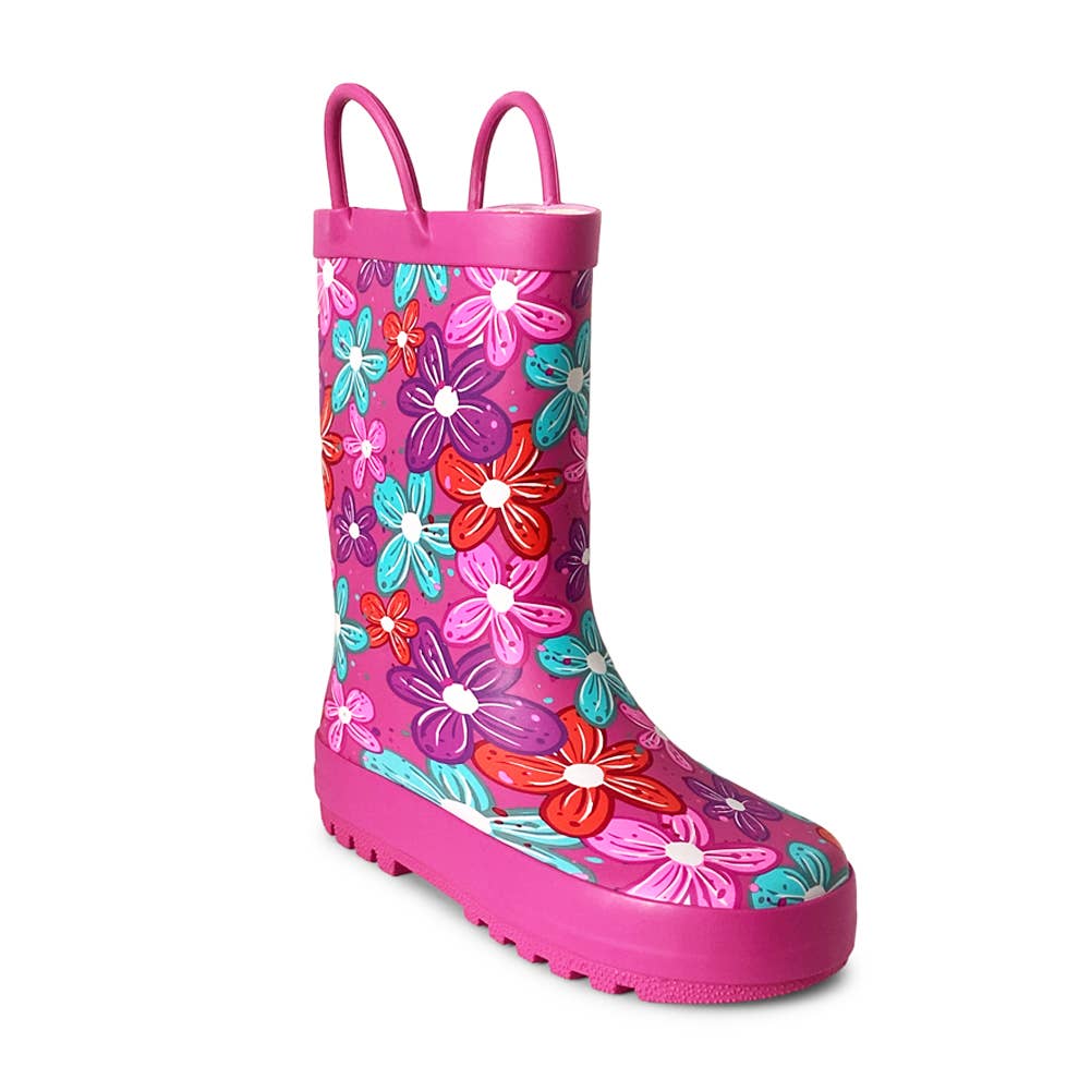 Norty Little Kids Girl's Waterproof Rubber Rain Boot 42303: Matte Pink Flowers / 3 Little Kid