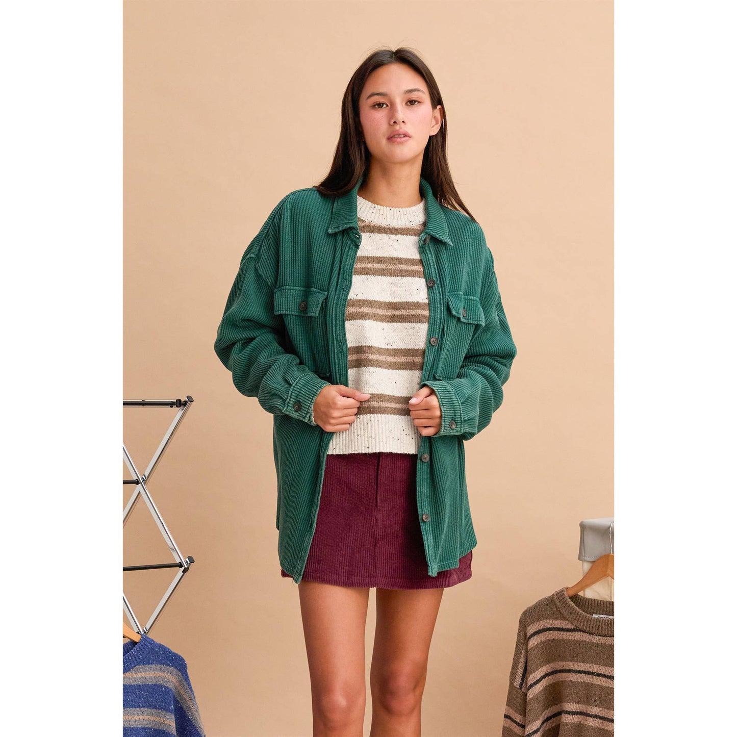 Oversized Mineral Washed Waffle Button Up Shacket: DEEP GREEN / S-M-L(2-2-2)