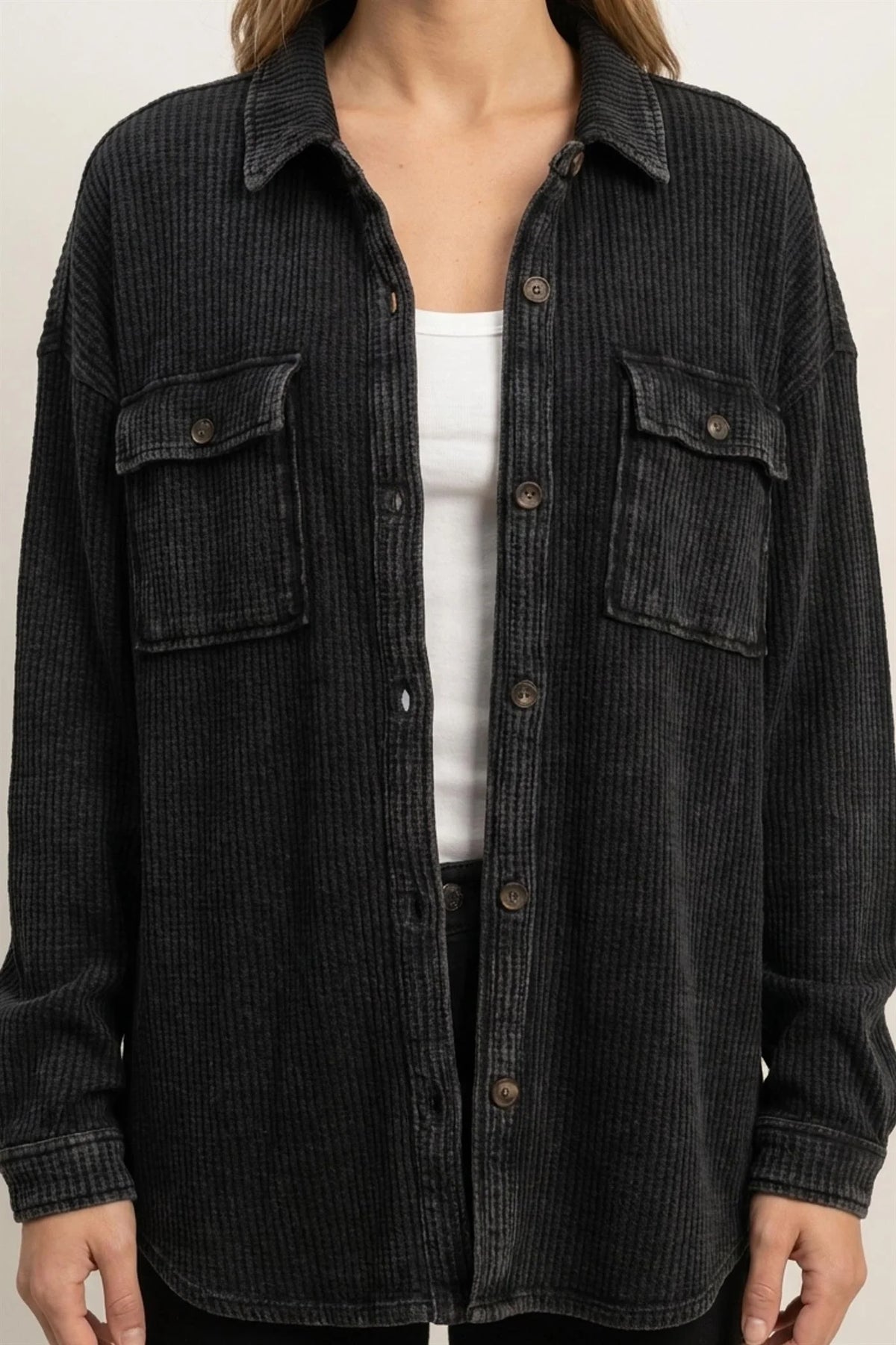 Mineral Wash Waffle Knit Button-Up Shacket