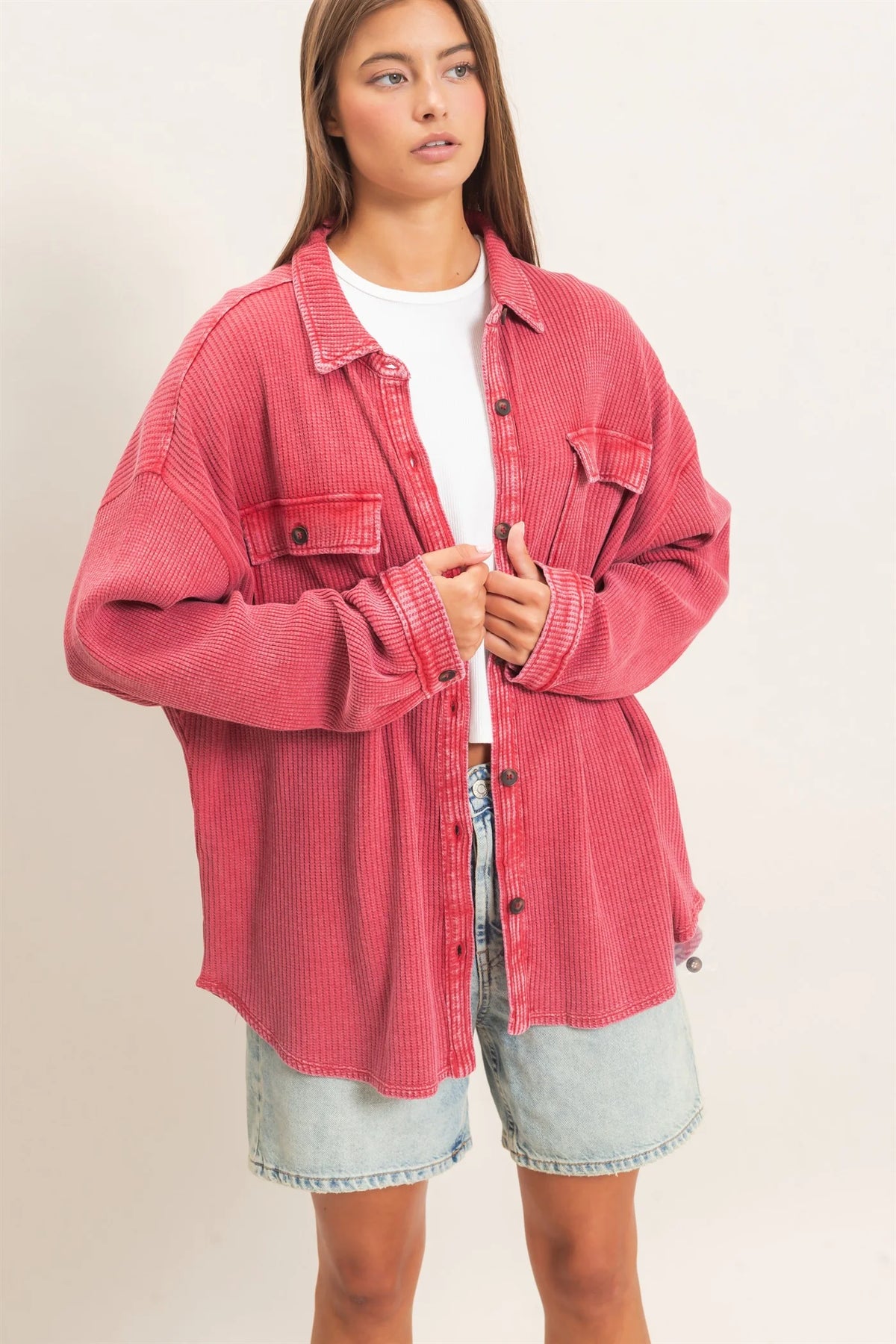 Mineral Wash Waffle Knit Button-Up Shacket