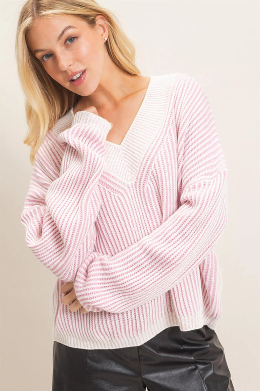 Striped V-Neck Ribbed Sweater